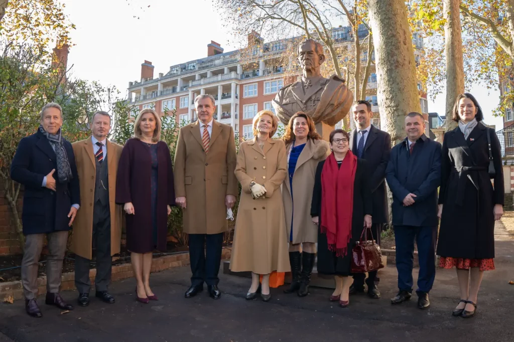 With the Ambasador Laura Popescu (3rd); HM Prince Consort Radu Duda (4th); HRM Princess Margareta of Romania (5th); and Romania Consuls; unveiling the bust of King Michael of Romania; Romania Embassy in London; Nov 7, 2021