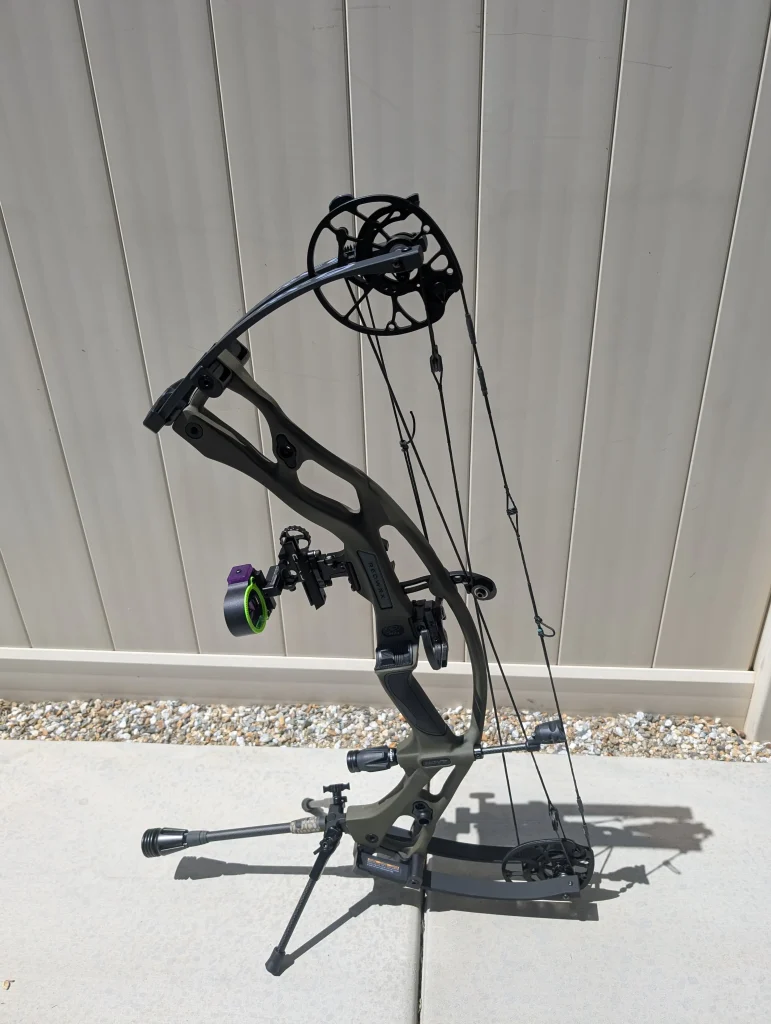 Chris’ Hoyt Carbon RX9 hunting bow, on its tripod